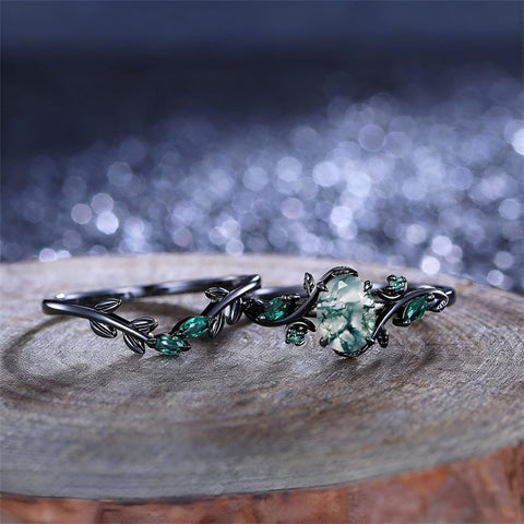 Sterling Silver 10K 14K 18K Gold 2CT Moss Agate Vine Leaf Women's Bridal Ring Sets for Wedding Engagement