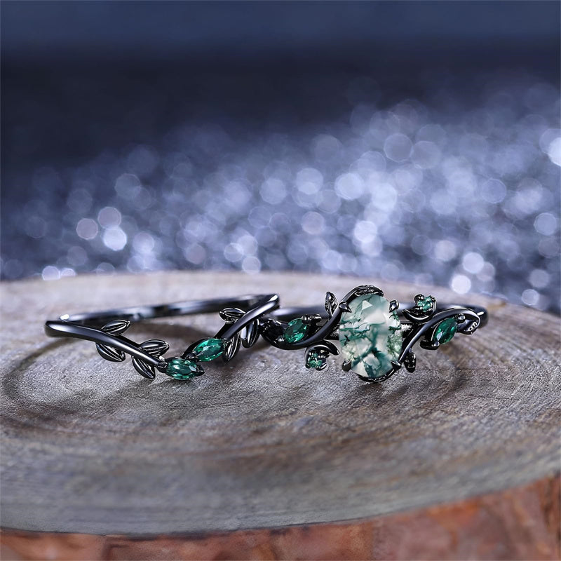 Sterling Silver 10K 14K 18K Gold 2CT Moss Agate Vine Leaf Women's Bridal Ring Sets for Wedding Engagement