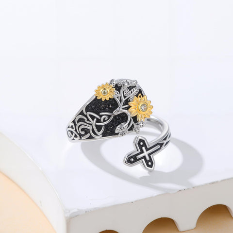 Sterling SilverJesus Cross Bee Cross  Dragonfly Cross Moonstone Sunflower Tree of Life Sunflower Adjustable Spoon Ring