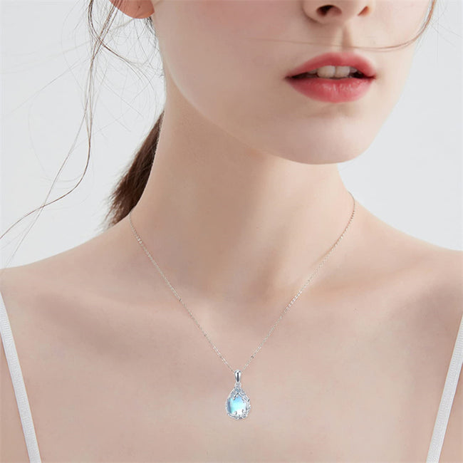 Teardrop Moonstone Necklace for Women,925 Sterling Silver Created Water-Shaped Moonstone Cage Filigree Necklaces,Anniversary Birthday Jewelry Gift