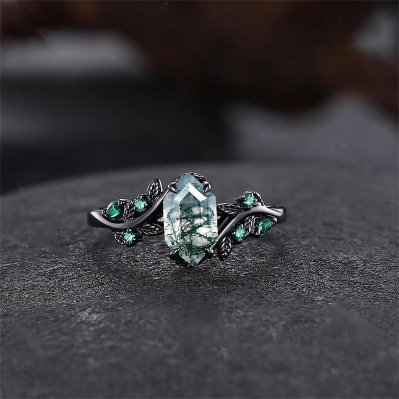 Sterling Silver 10K 14K 18K Gold Natural Leaf  Moss Agate Engagement Anniversary Couple Ring Sets