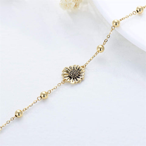 Solid 14K Gold Sunflower Anklet Bracelet for Women Birthday Christmas Gift for Her Mom Beach Foot Jewelry, 8+1+1 Inch