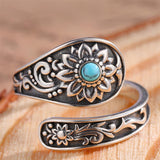 Sterling Silver Turquoise Vintage Adjustable Sunflower Dragonfly Butterfly Feather Tree of Life Spoon Ring