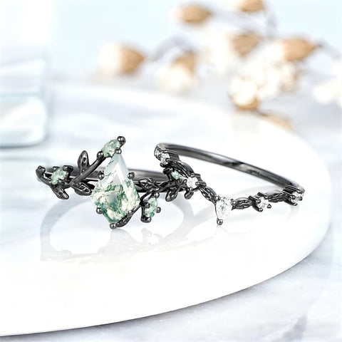 Sterling Silver 10K 14K 18K Gold 2CT Moss Agate Vine Leaf Women's Bridal Ring Sets for Wedding Engagement