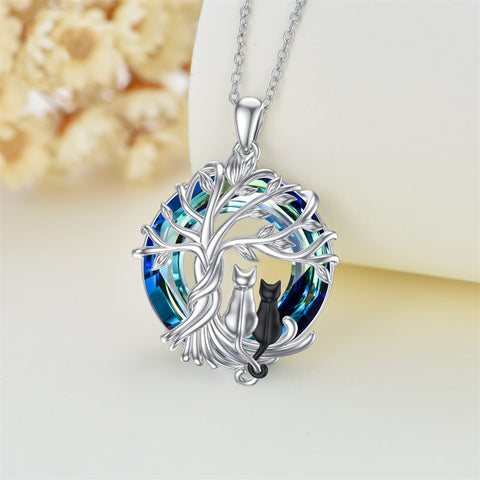 Sterling Silver Cat Tree of Life Pendant Necklace with Blue Circle Cat Necklace Crystal Birthday Christmas Gifts