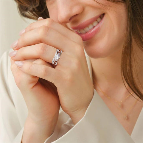 Sterling Silver Three Stone Moissanite Wedding Engagement Ring Sets