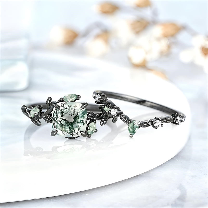 Sterling Silver 10K 14K 18K Gold 2CT Moss Agate Vine Leaf Women's Bridal Ring Sets for Wedding Engagement