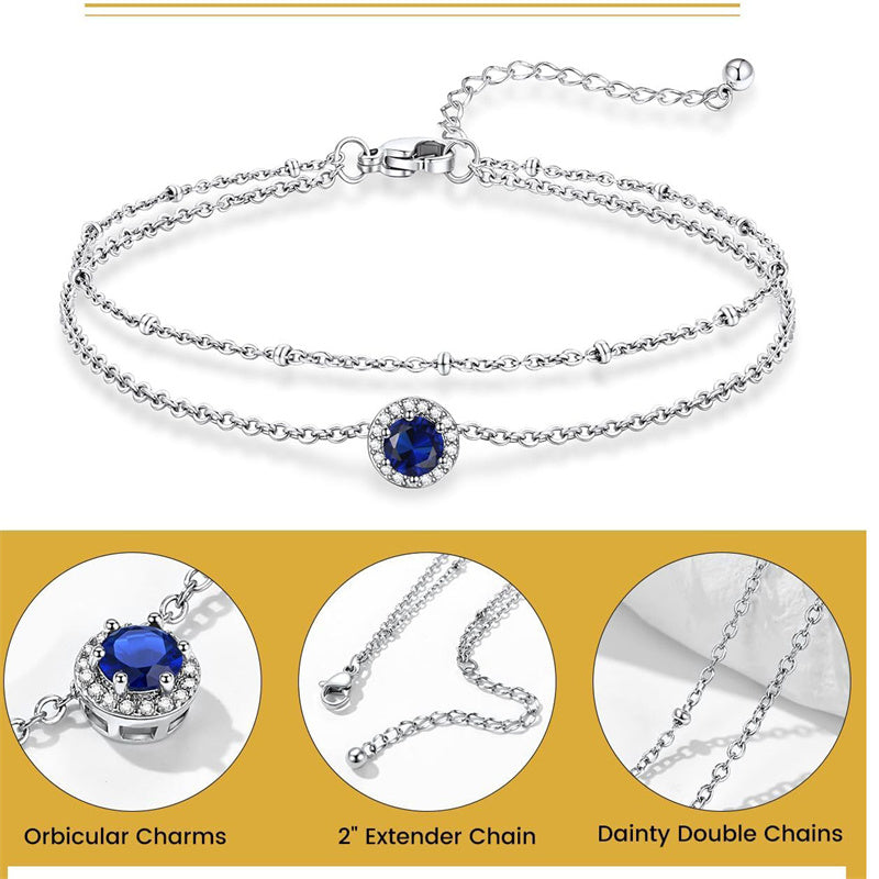 Sterling Silver Birthstone Double Layer Anklet for Beach Weddings, Summer Vacations & Pool Parties
