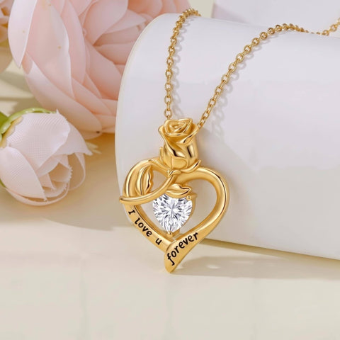 10K 14K 18K Gold Heart Rose Necklace I Love You Forever Heart Jewelry