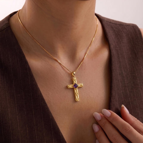 14K Gold Plated Birthstone Cross Pendant Necklace for Women  Anniversary Christmas Birthday Gift