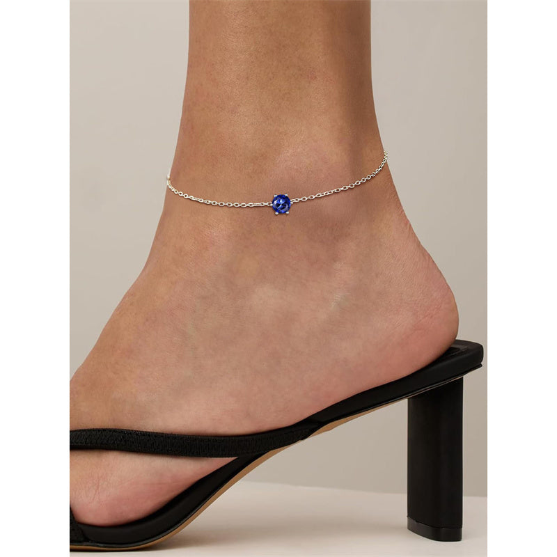 Sterling Silver Simple Dainty Round Heart Birthstone Single Layer Charm Anklet