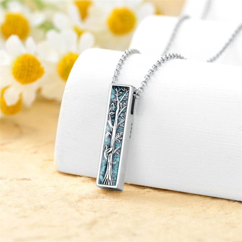 Sterling Silver 3D Bar Turquoise Tree of Life Urn Necklace for