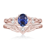 Sterling Silver 10K 14K 18K Gold  Oval Cut Unique Vine Gemstone Wedding Ring Set