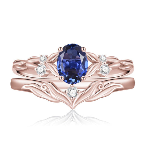 Sterling Silver 10K 14K 18K Gold  Oval Cut Unique Vine Gemstone Wedding Ring Set