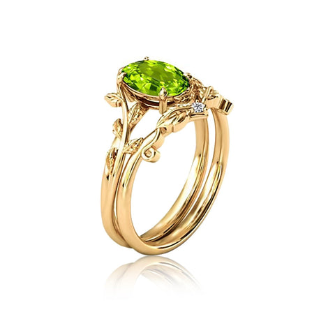 Sterling Silver 10K 14K Gold Leaf Oval Cut Vine Gemstone Set Engagement Wedding Ring
