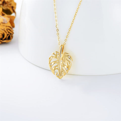 14k Heart Pendant Necklace for Women Real Gold Monstera Pendant Gift for Mother Day Valentine Christmas