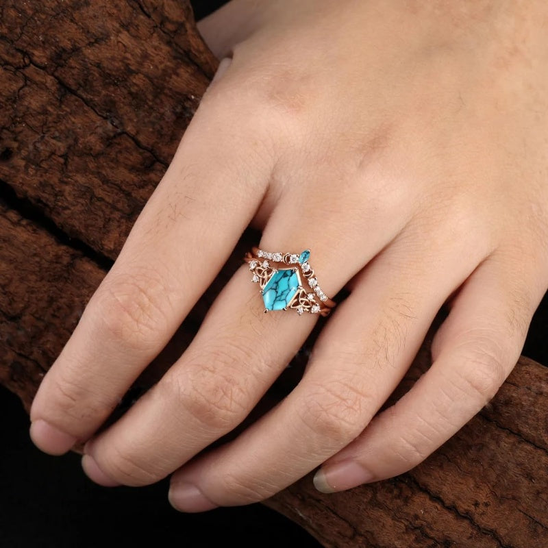 Sterling Silver 10K 14K 18K Gold Turquoise Engagement  Wedding Ring Set for Women