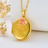 10K 14K 18K Solid Gold Personalized Photo Oval Sunflower Rose Pendant Necklace