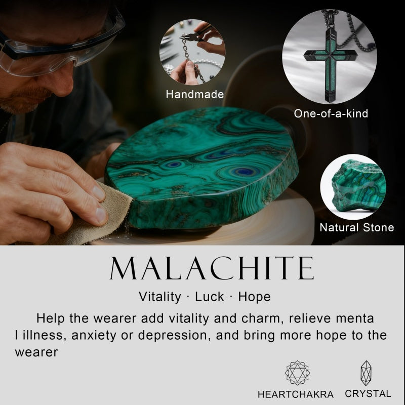14K Gold Plated Turquoise Malachite Cross Necklace for Men Christianity Cross Jewelry