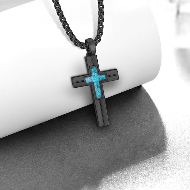 14K Gold Plated Turquoise Malachite Abalone Shell Cross Pendant Necklace for Men