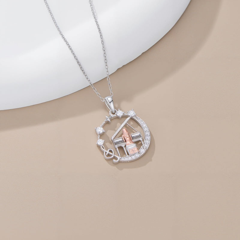 Sterling Silver Cubic Zirconia Piano Pendant Necklace for Music Lovers