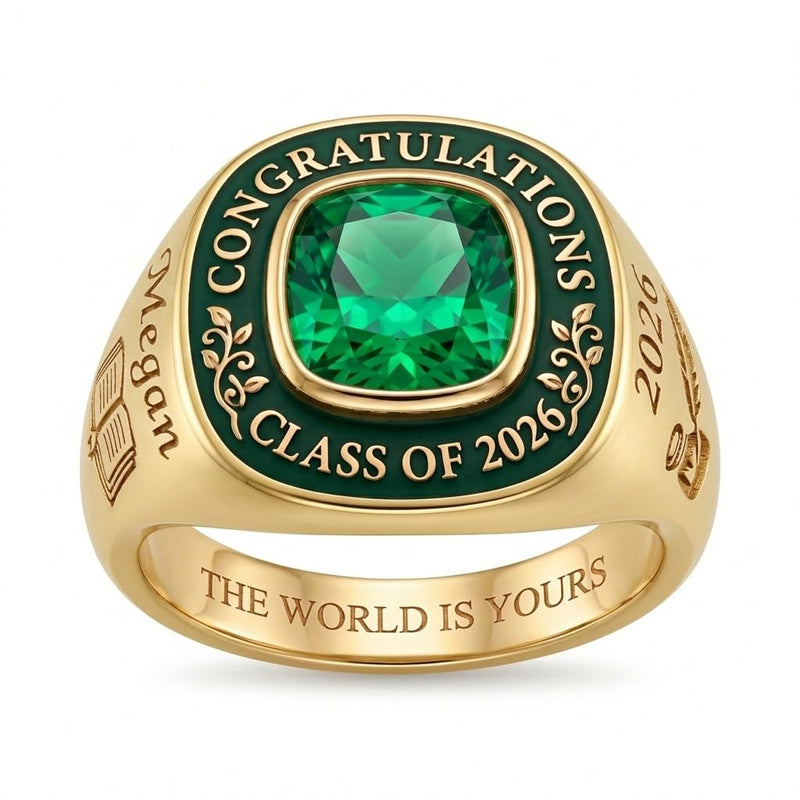 Sterling Silver Personalized  Square Birthstone Engraved Class Ring