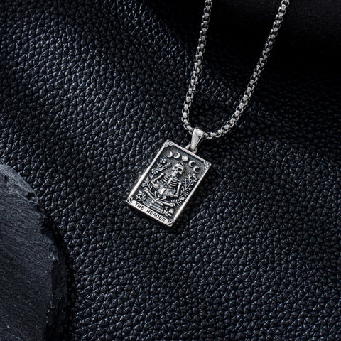 Sterling Silver Tarot Card Pendant  Necklace for Men Gothic Amulet Jewelry