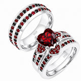 Sterling Silver 10K 14K 18K Gold Personalized Engraved  Halloween Dark Red Gemstone Couple Ring Set
