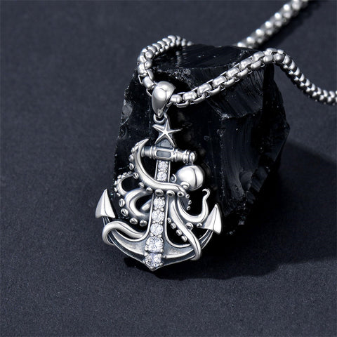 Sterling Silver Earth Swordfish Trident Compass Anchor Pendant Necklace