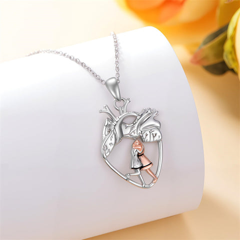 Sterling Silver Anatomical Heart Father Mother Daughter Sister Mother Daughter Pendant Necklace