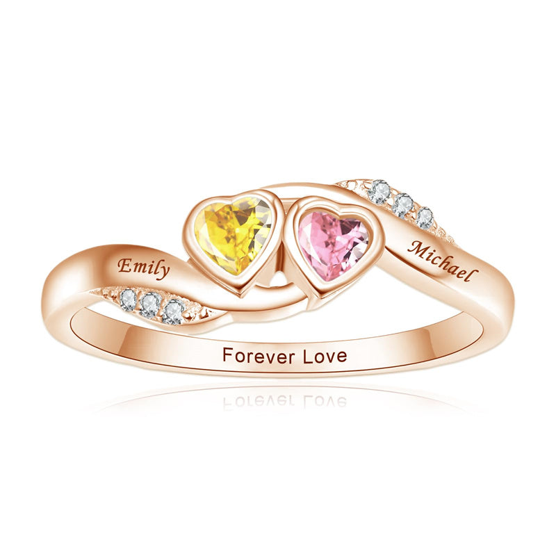 10K 14K 18K Gold Personalized 2 Birthstones Engraved Ring Mother's Day Gift