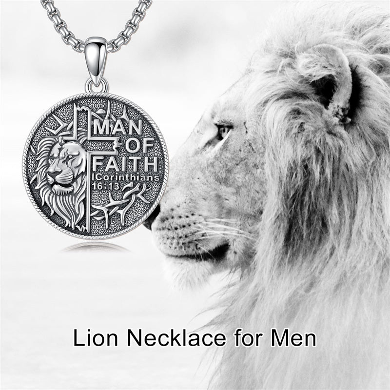 Sterling Silver Faith Bible Lion Pendant Necklace for Men