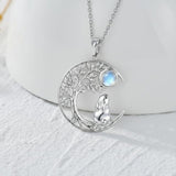 Sterling Silver Moonstone Tree of Life Wolf Cat Fox Rabbit Monkey Pendant Necklace Gift for  Birthday Christmas