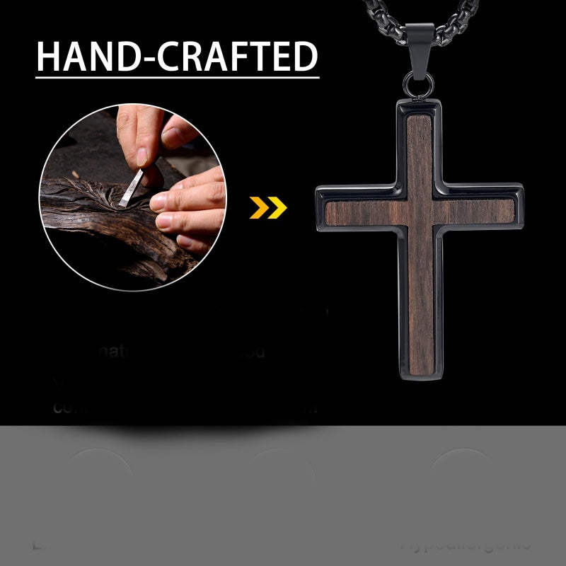 14K Gold Plated Wooden Cross Necklace for Men with Stainless Steel Adjustable Chain