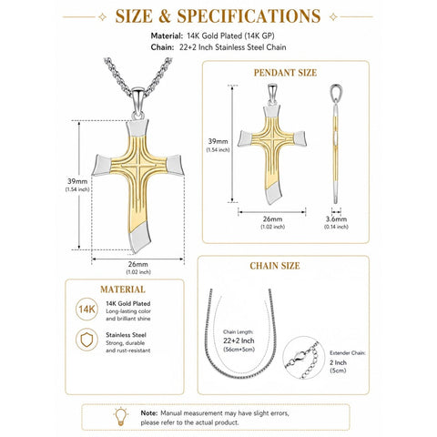 14K Gold Plated Two Tone Cross Pendant Necklace Christian Jewelry Religious Gift