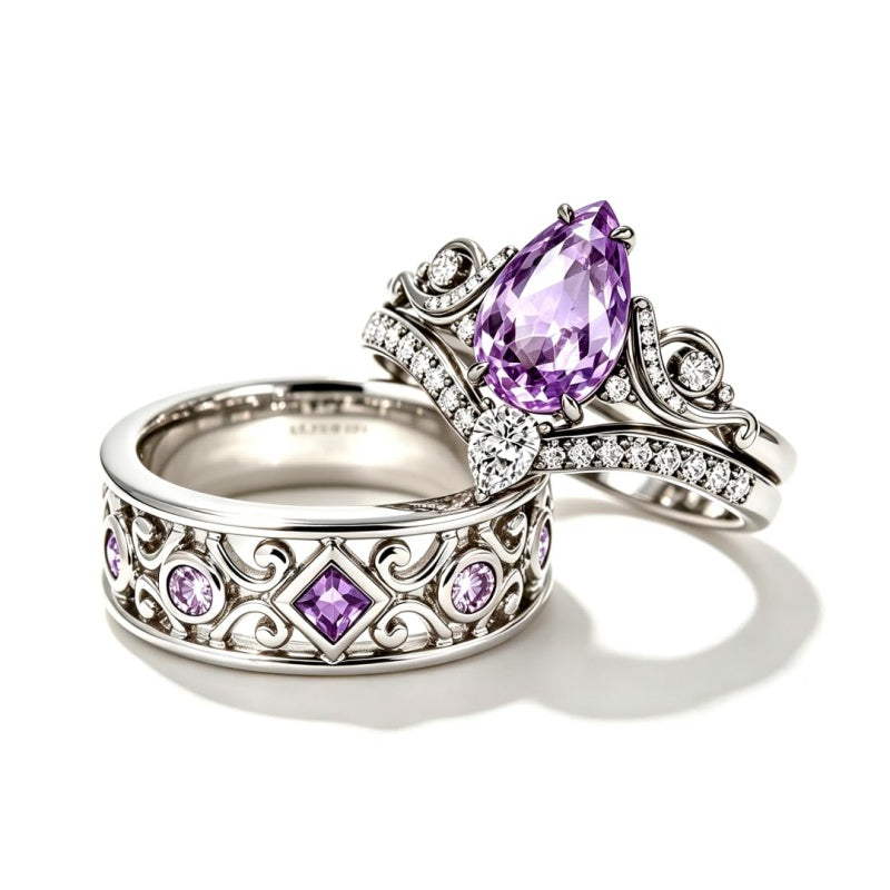 Sterling Silver 10K 14K 18K Gold Purple Gemstone Amethyst  Rings Set Couple Promise Rings Wedding Anniversary Rings