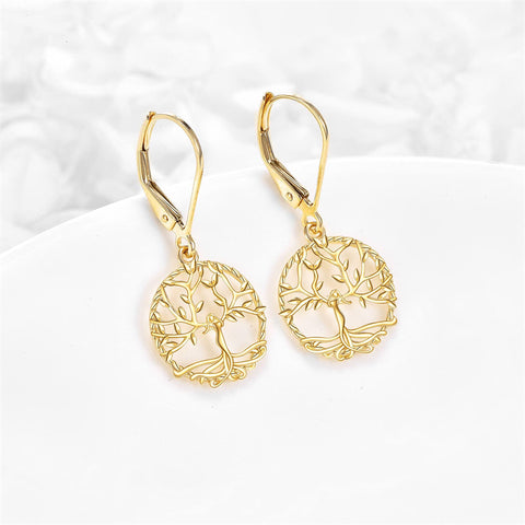 14k Solid Gold Tree of Life Leverback Earrings for Women, Dangle Drop Earrings Birthday Gifts for Her