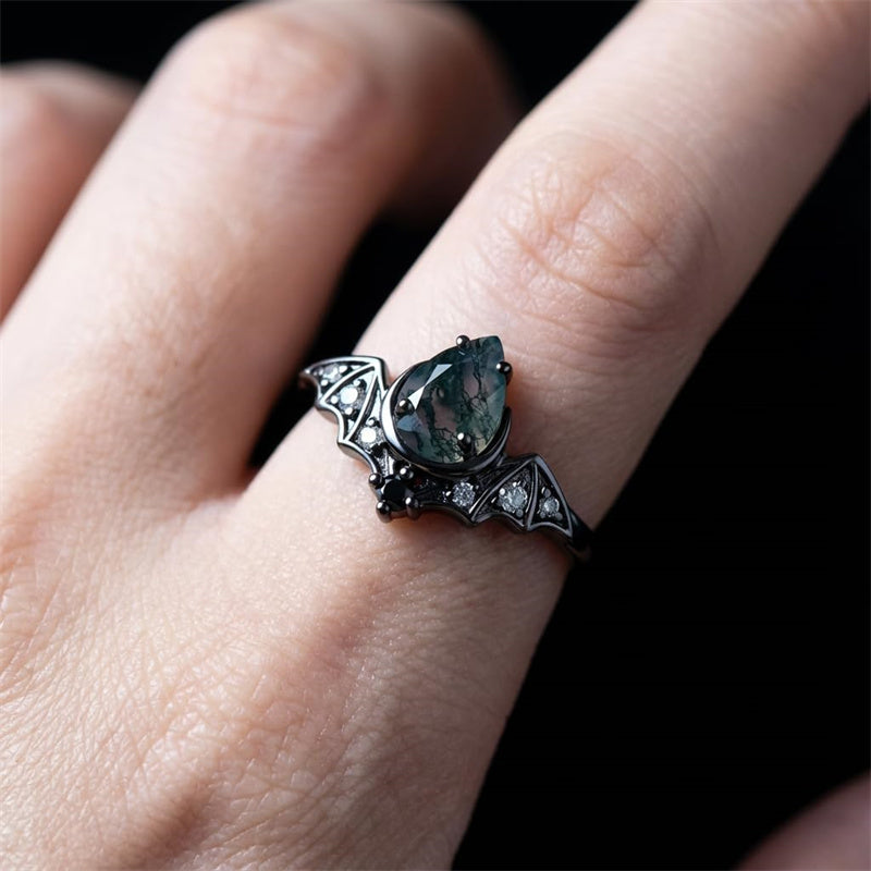Sterling Silver 10K 14K  18K Gold Personalized Engraved Moss Agate Gothic Promise Wedding Engagement Black Ring Set
