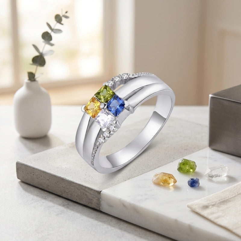10K 14K 18K Gold Square Shaped Personalized 1-5 Birthstone  Family Mother's Ring Anniversary Ring for Women