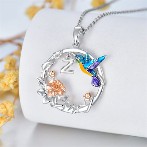 Hummingbird Necklace with A to Z Letters, Hummingbird Pendant Necklaces Sterling Silver 26 Alphabet Jewelry Gift for Women