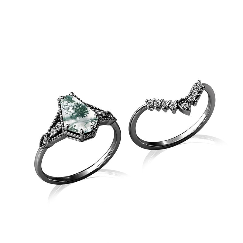 Sterling Silver 10K 14K 18K Gold Vintage Nature Moss Agate Engagement Ring Sets for Women