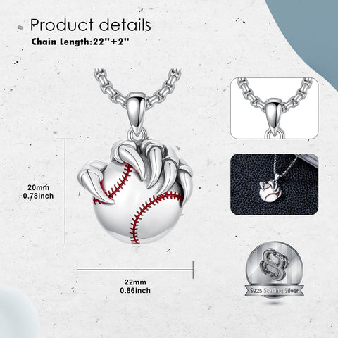 Sterling Silver Bear Claw Basketball Baseball Football Sports Pendant Necklace for Men