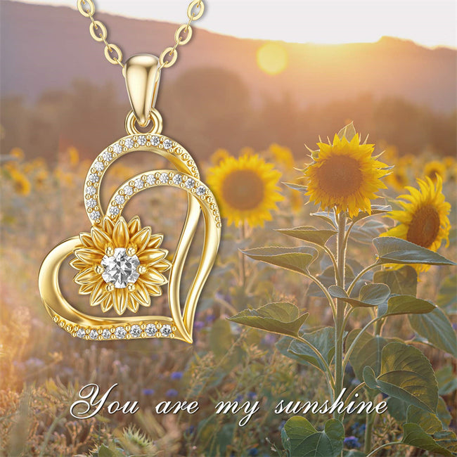 Solid 14K Gold Sunflower Heart Necklace for Women Real Gold Flower Necklace You are May Sunshine Necklace