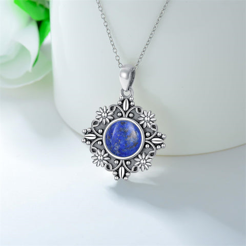 Sterling Silver Turquoise Moonstone Moss Agate Lapis Lazuli Daisy Pendant Necklace