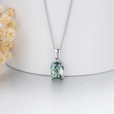 Sterling Silver Oval Pear Cut Green Moss Agate Pendant Necklace