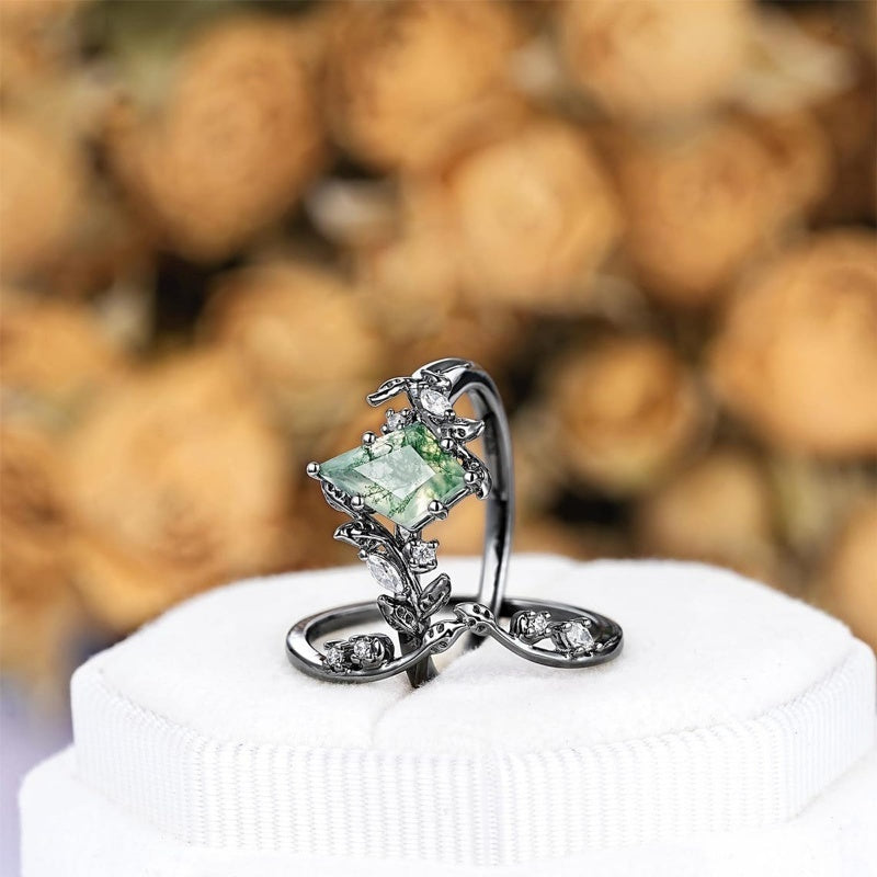 Sterling Silver 2CT Moss Agate  Engagement Wedding Ring Sets for Women
