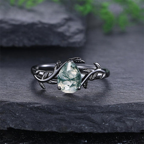 Sterling Silver 10K 14K 18K Gold Natural Leaf  Moss Agate Engagement Anniversary Couple Ring Sets