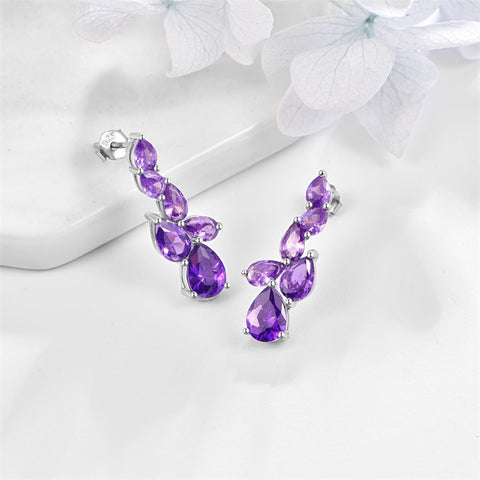 Amethyst Cluster Earrings 925 Sterling Silver Amethyst Teardrop Earrings Gradient Dark Purple Crystal Dangle Drop Earrings Purple Jewelry Gifts for Women