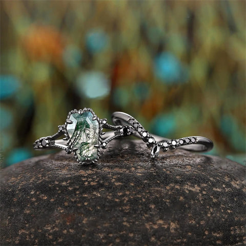 Sterling Silver 10K 14K 18K Gold 2CT Moss Agate Vine Leaf Women's Bridal Ring Sets for Wedding Engagement