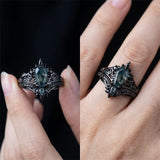 Sterling Silver 10K 14K  18K Gold Personalized Engraved Moss Agate Gothic Promise Wedding Engagement Black Ring Set